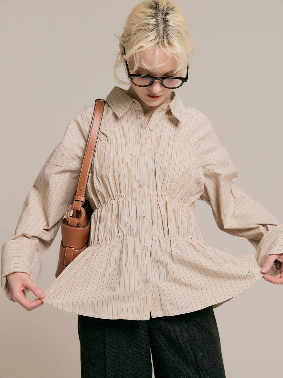 Shirring wide sleeve shirt