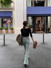 【予約販売】side slit denim ribbon pants