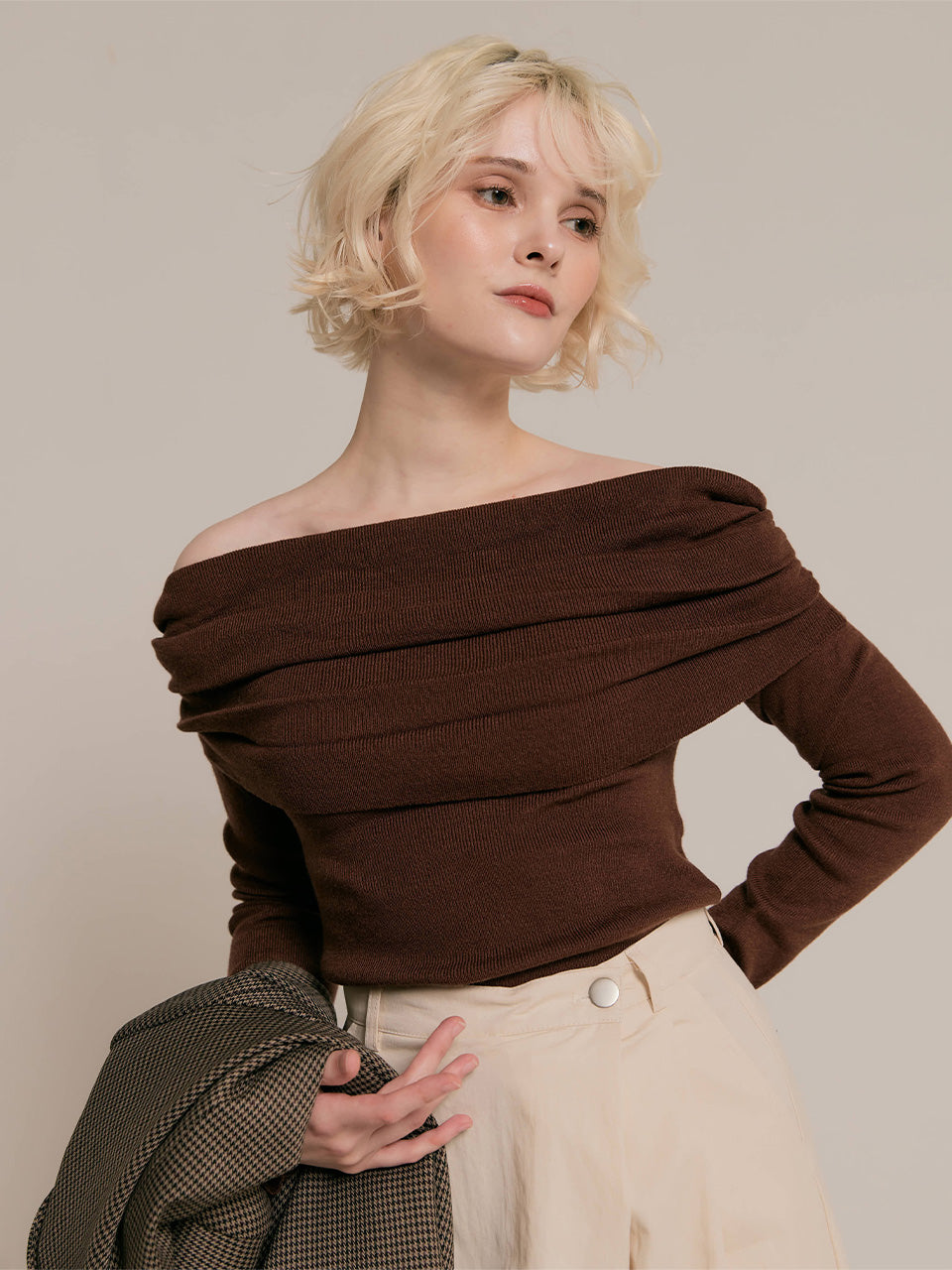 Drape off-shoulder knit