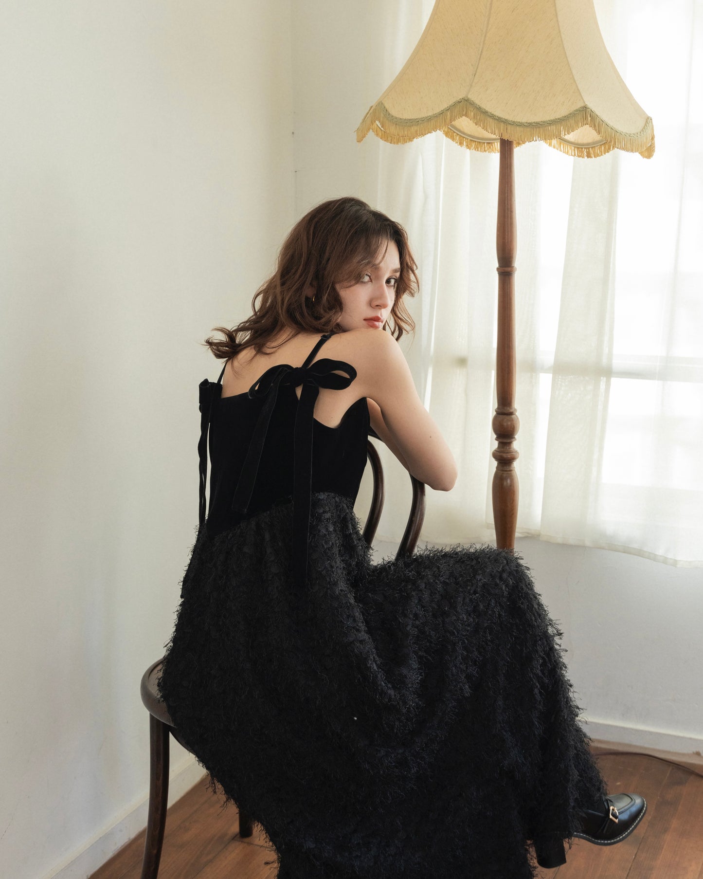 back ribbon fringe jacquard dress