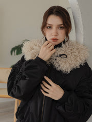 poodle fur gather sleeve blouson