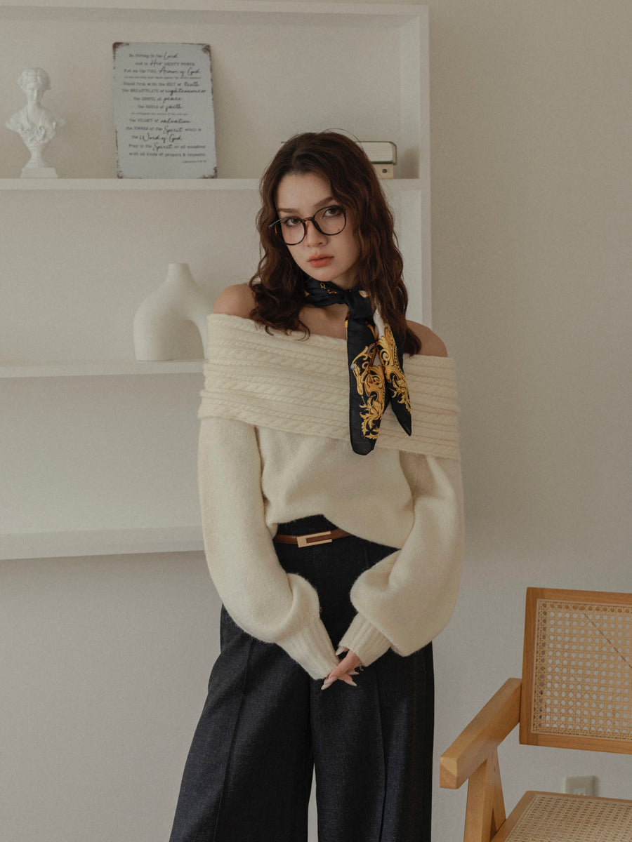 cable off shoulder knit