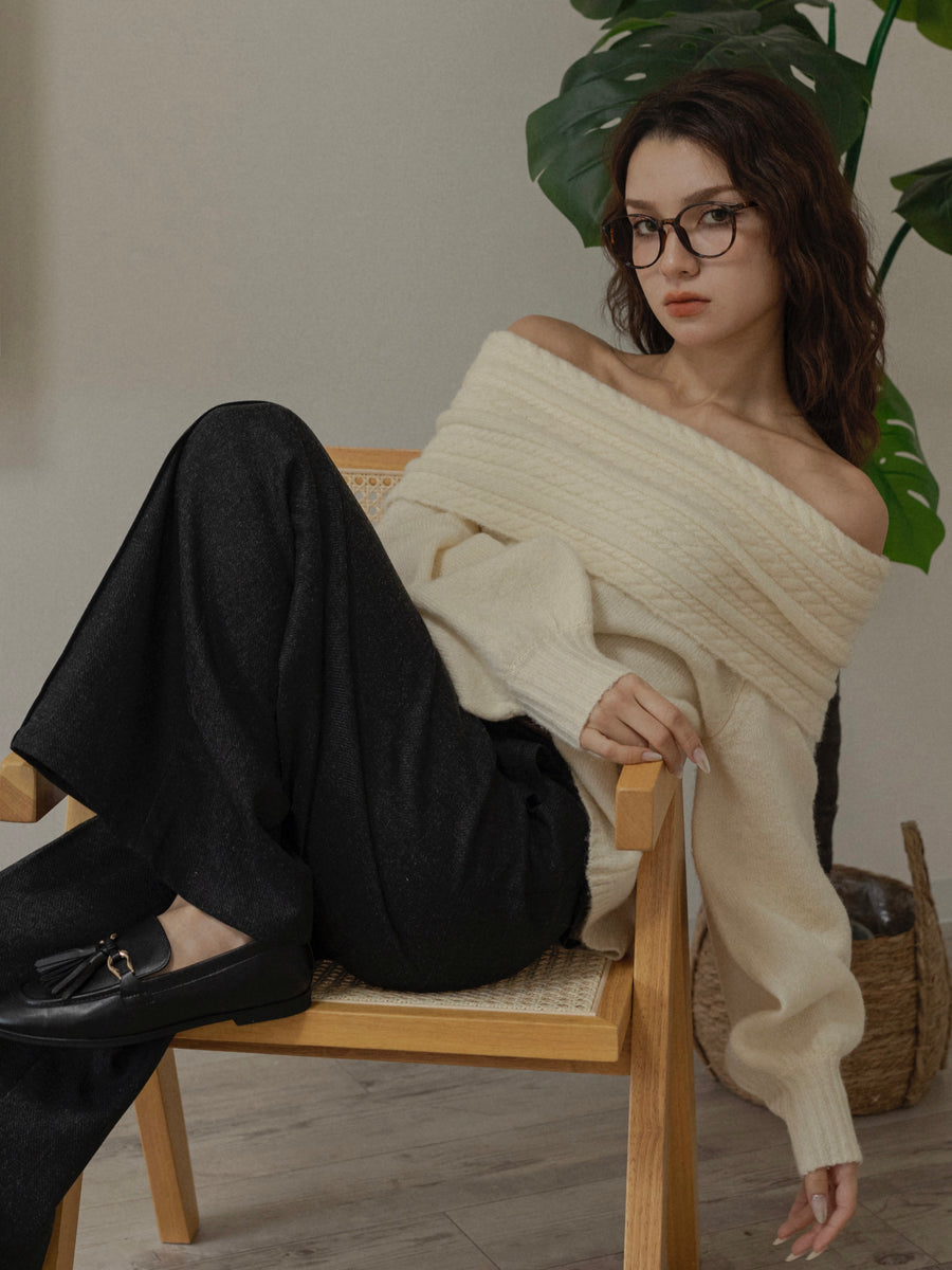 cable off shoulder knit