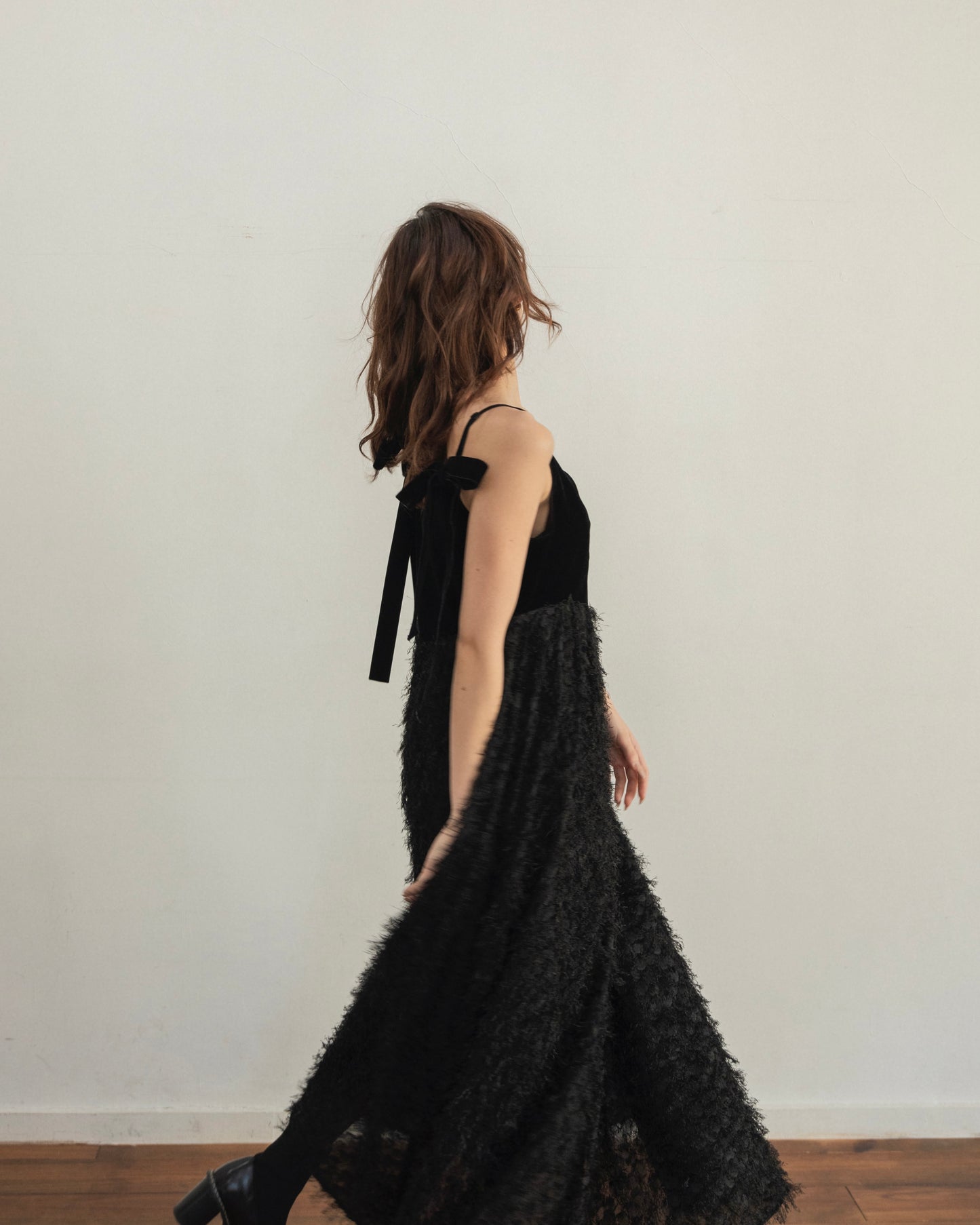 back ribbon fringe jacquard dress