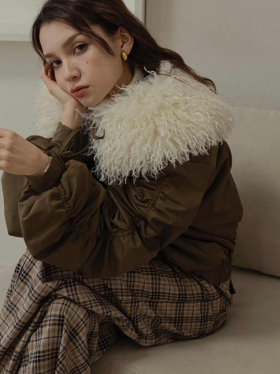 poodle fur gather sleeve blouson