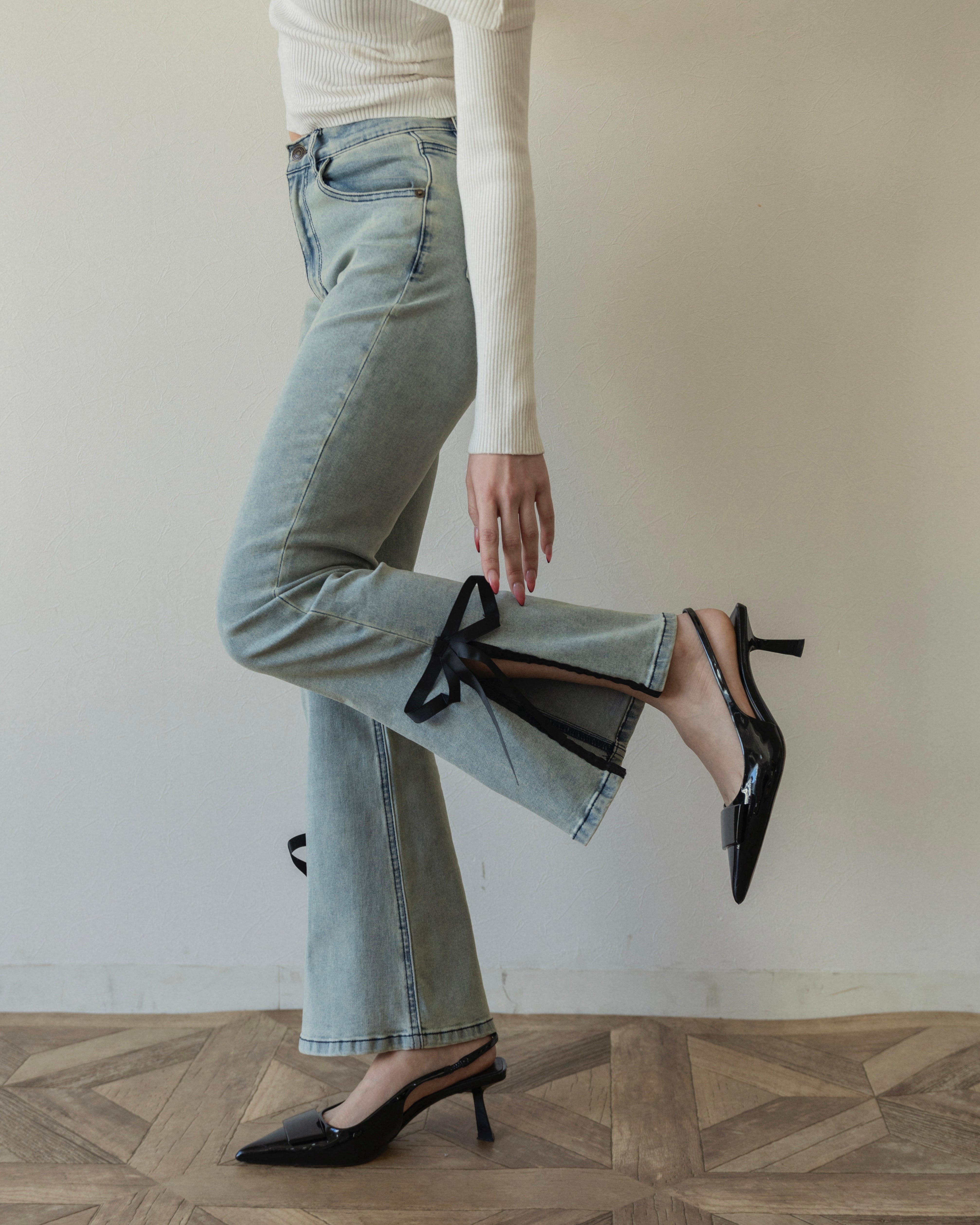 【予約販売】side slit denim ribbon pants
