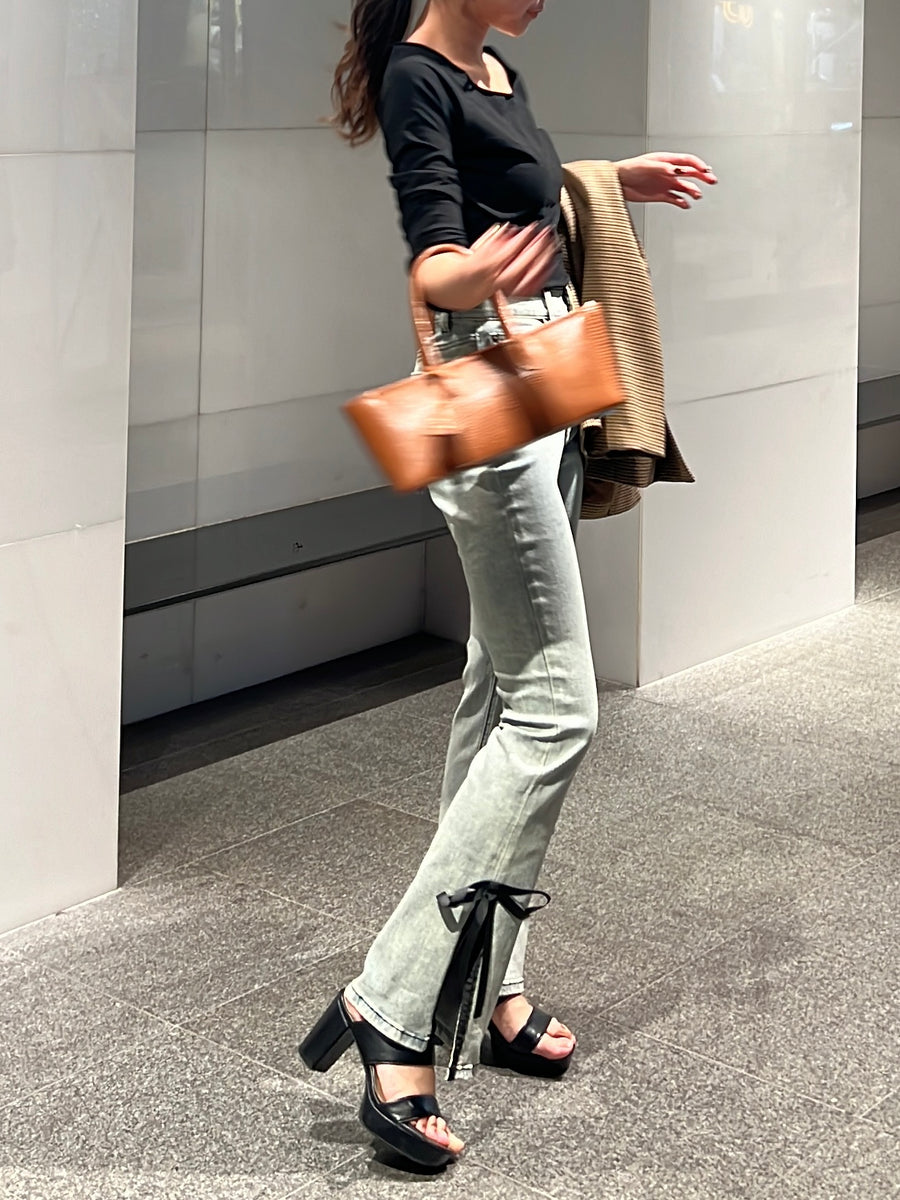 【予約販売】side slit denim ribbon pants