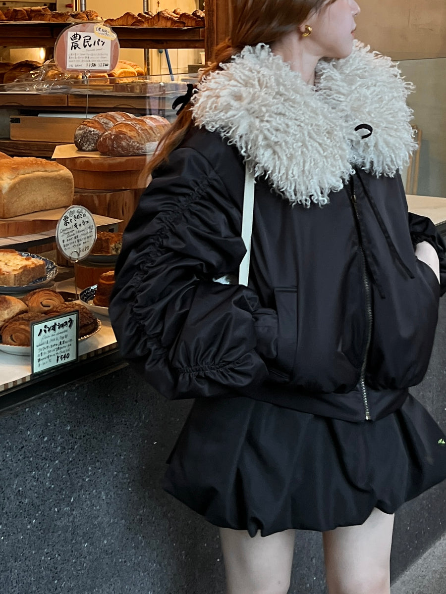 poodle fur gather sleeve blouson