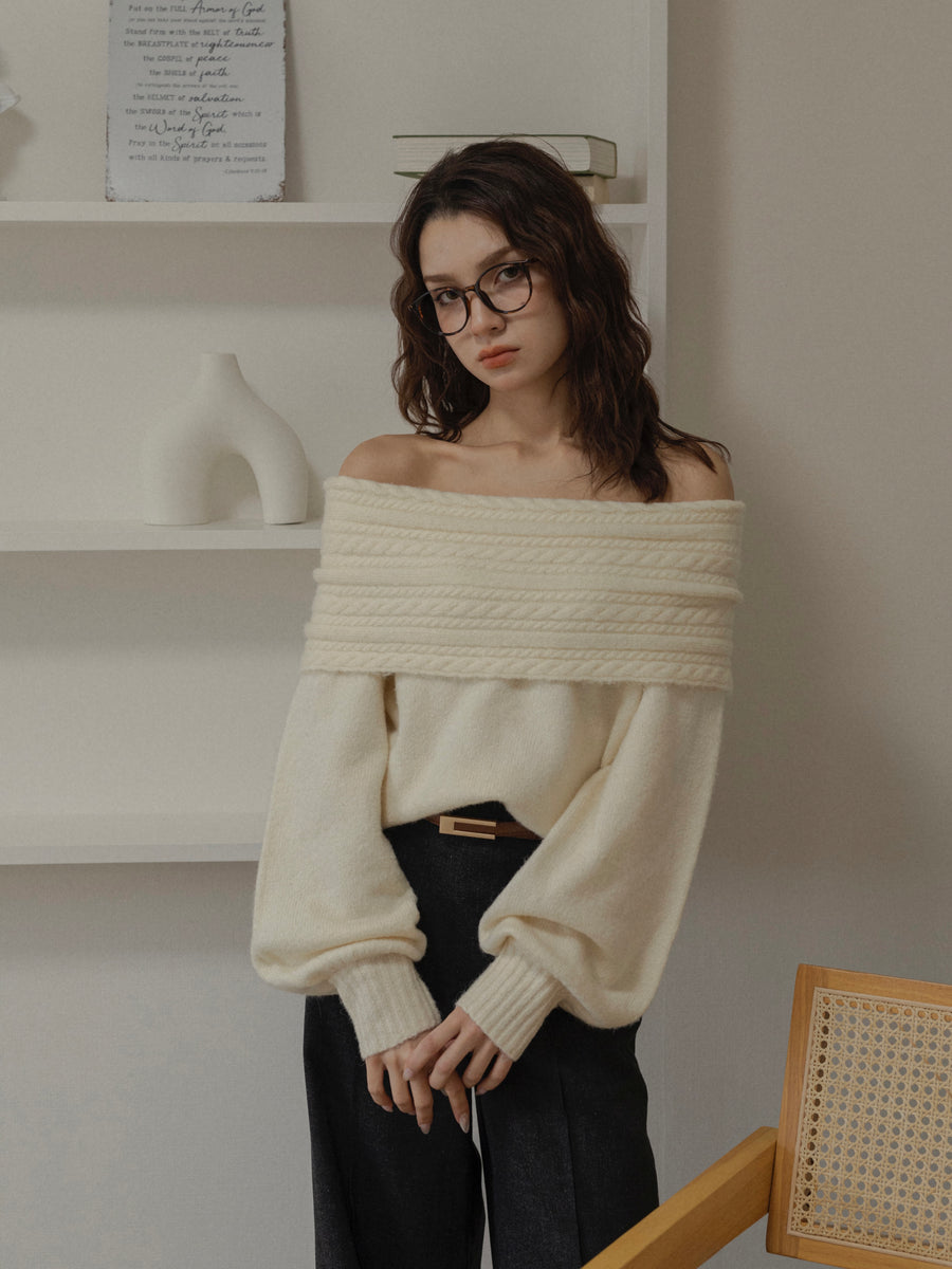 cable off shoulder knit
