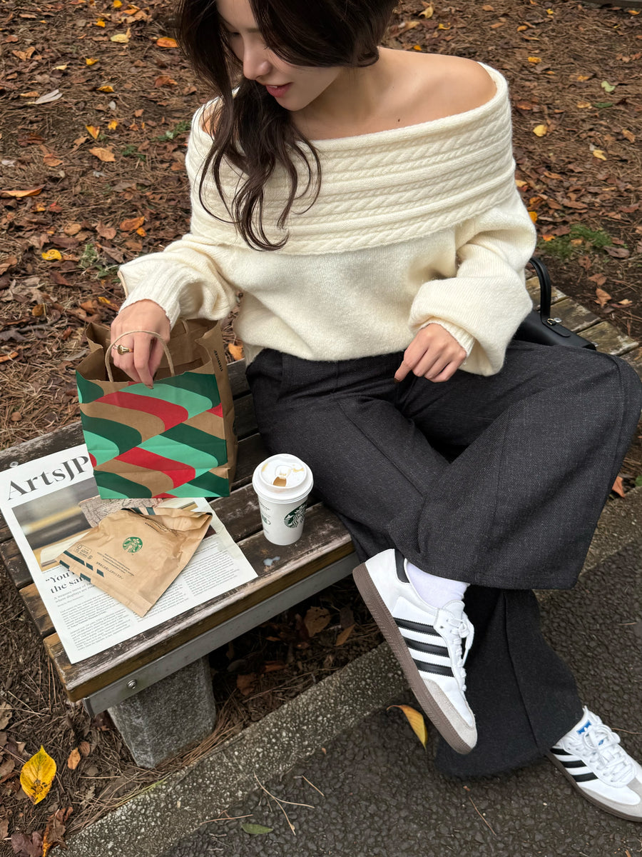cable off shoulder knit