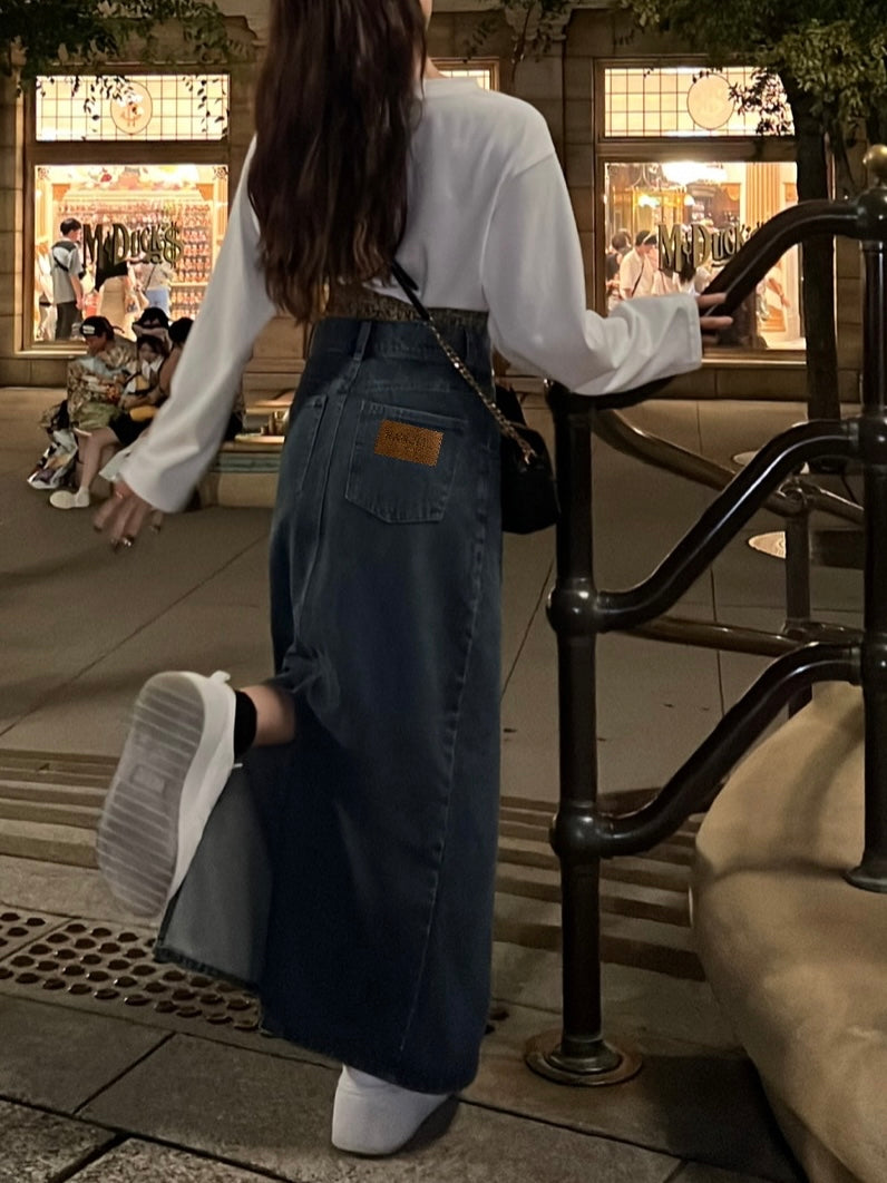 denim slit long Skirt