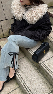 poodle fur gather sleeve blouson