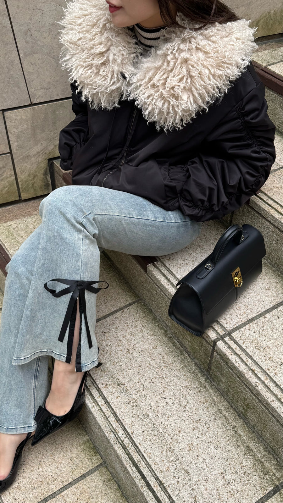 poodle fur gather sleeve blouson