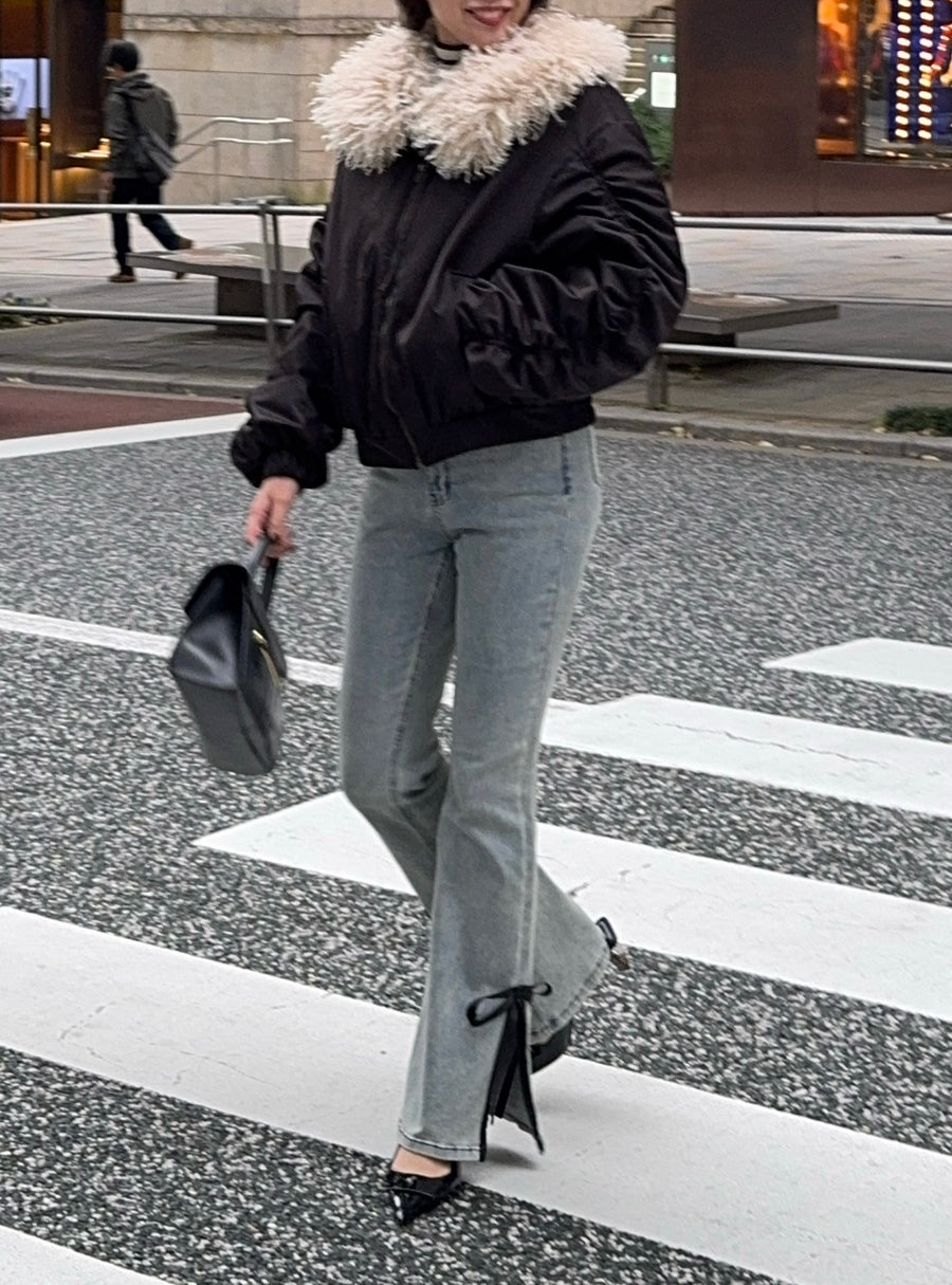 poodle fur gather sleeve blouson