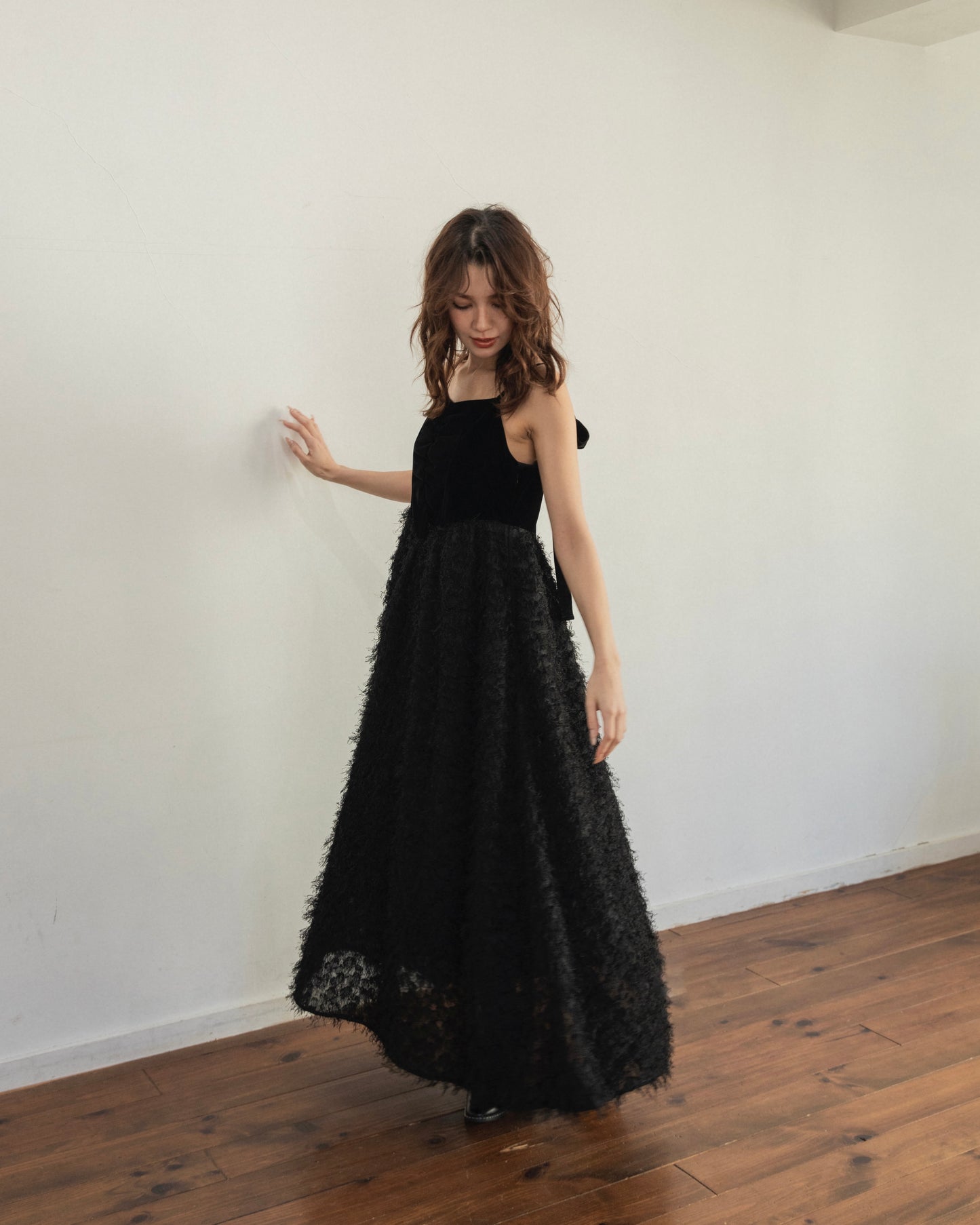 back ribbon fringe jacquard dress