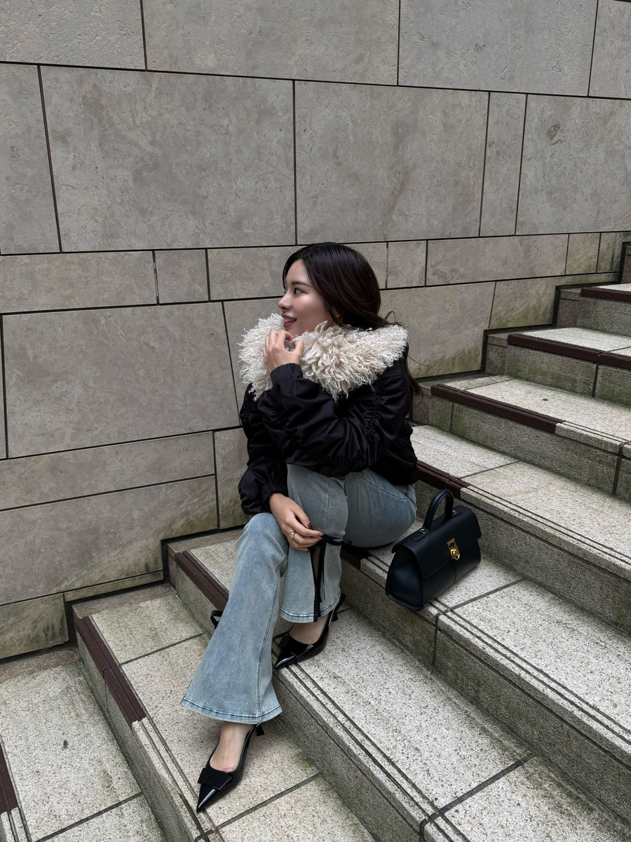 poodle fur gather sleeve blouson