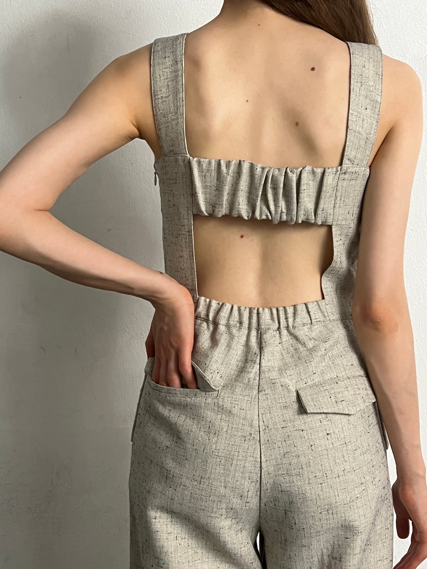 linen like back open rompers