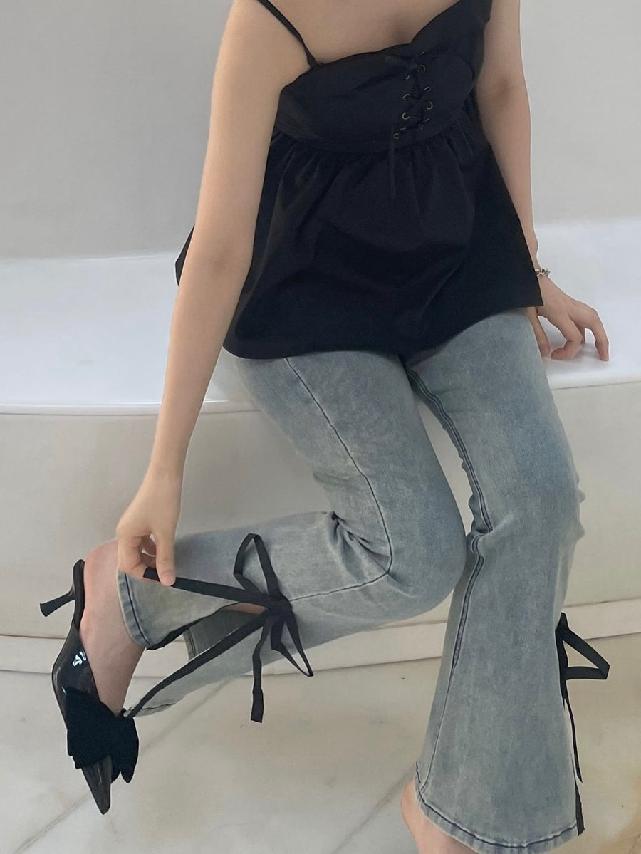 【BEST SELLER】side slit denim ribbon pants