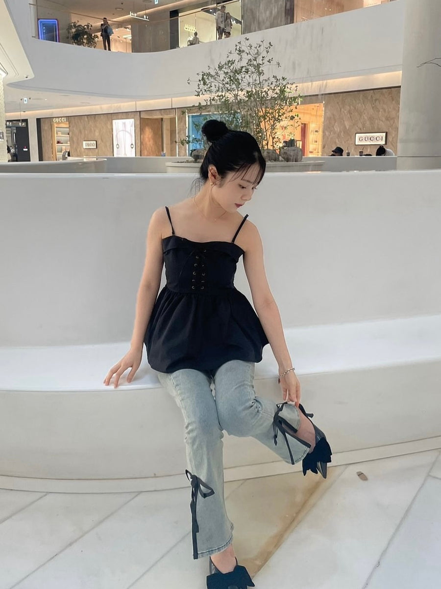 【BEST SELLER】side slit denim ribbon pants