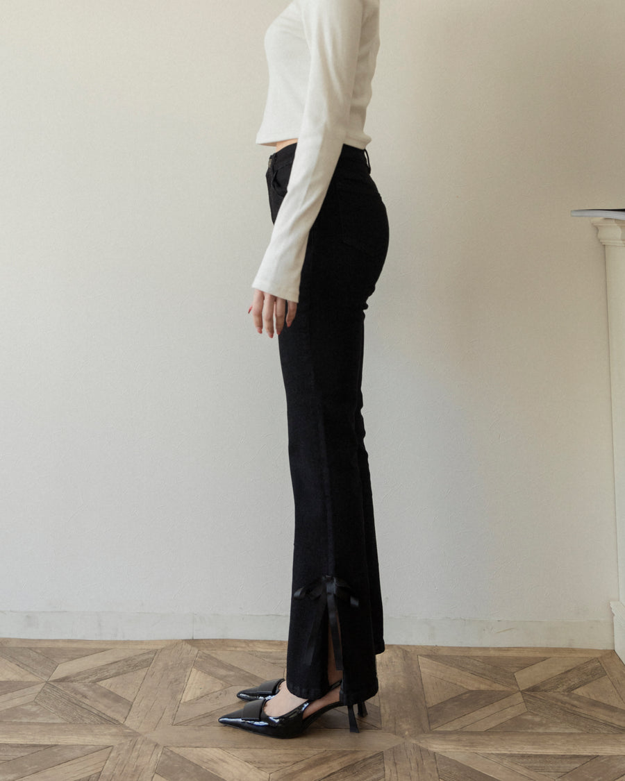 【BEST SELLER】side slit denim ribbon pants