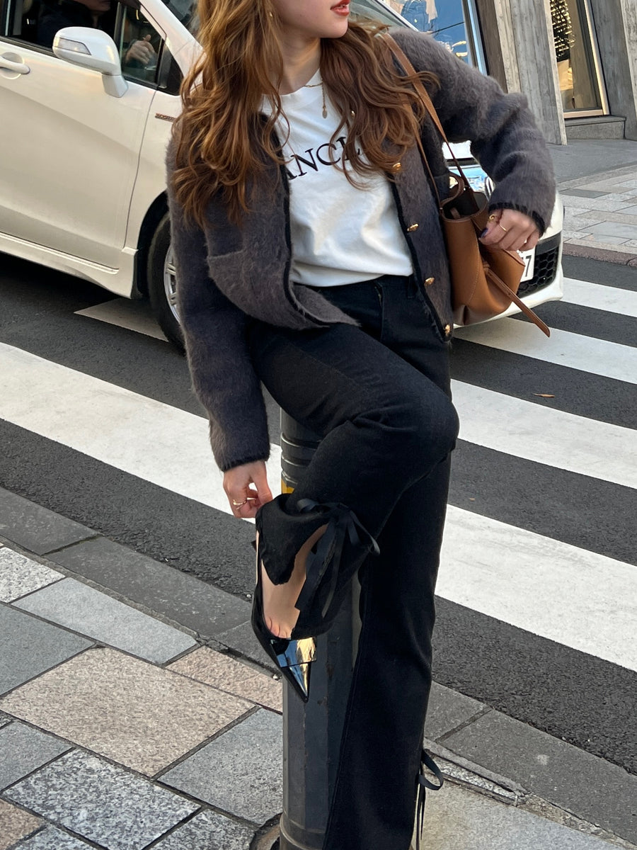 【BEST SELLER】side slit denim ribbon pants
