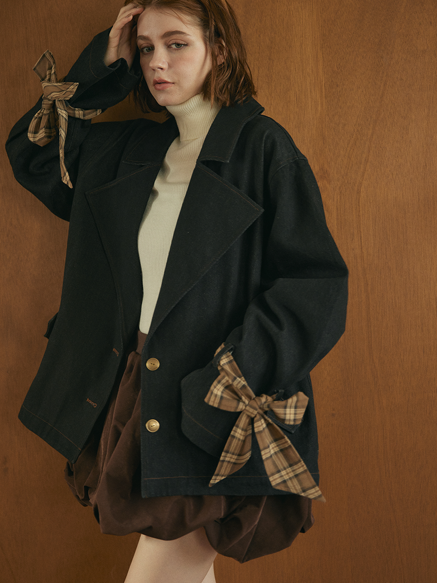 【10/8 OPEN】Check ribbon denim jacket