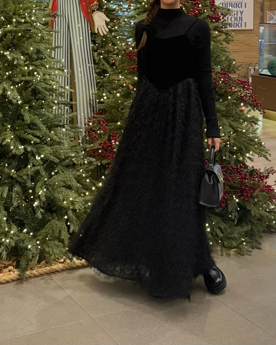 back ribbon fringe jacquard dress