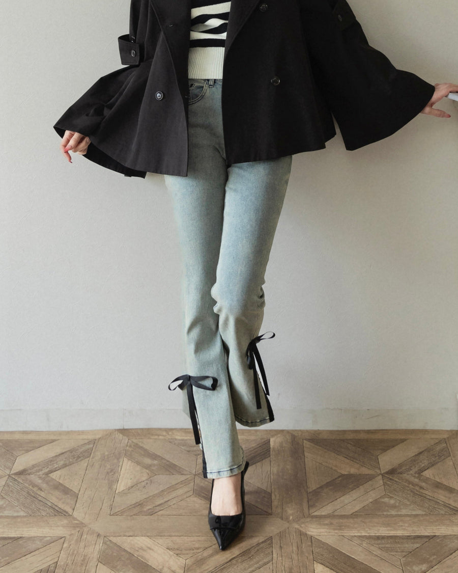 【BEST SELLER】side slit denim ribbon pants