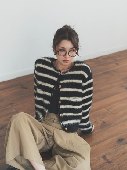 shaggy knit no collar jacket