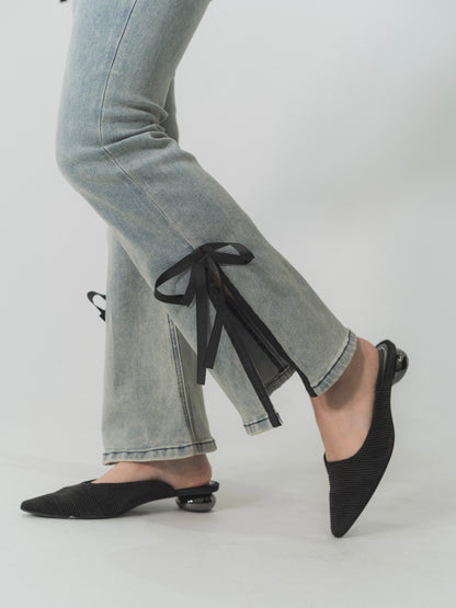 side slit denim ribbon pants