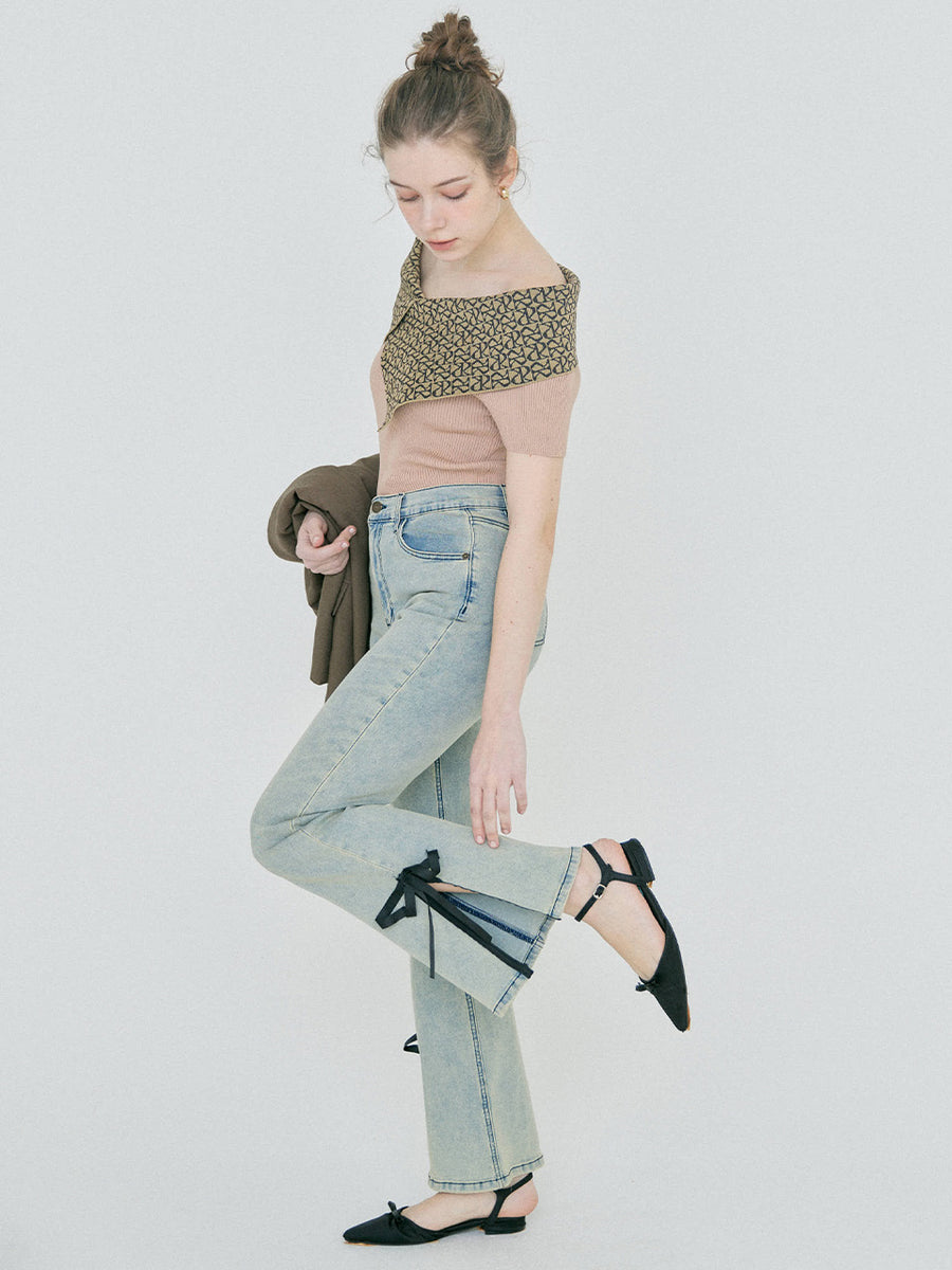 【BESTSELLER】side slit denim ribbon pants