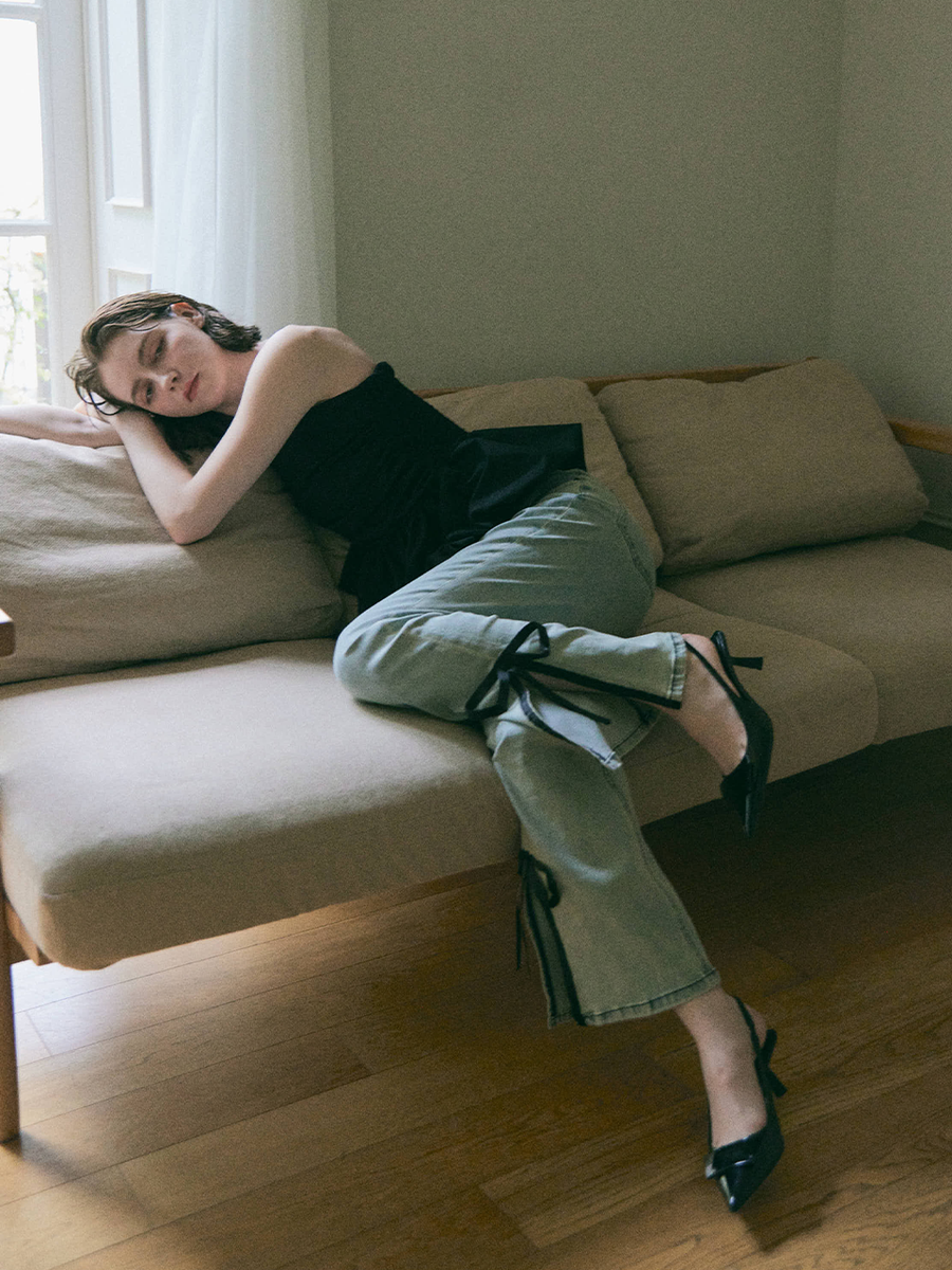 【予約販売】side slit denim ribbon pants