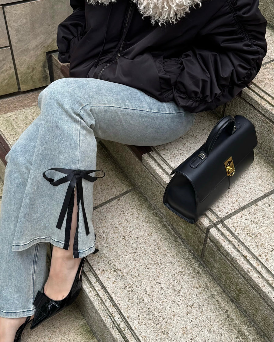 【BEST SELLER】side slit denim ribbon pants