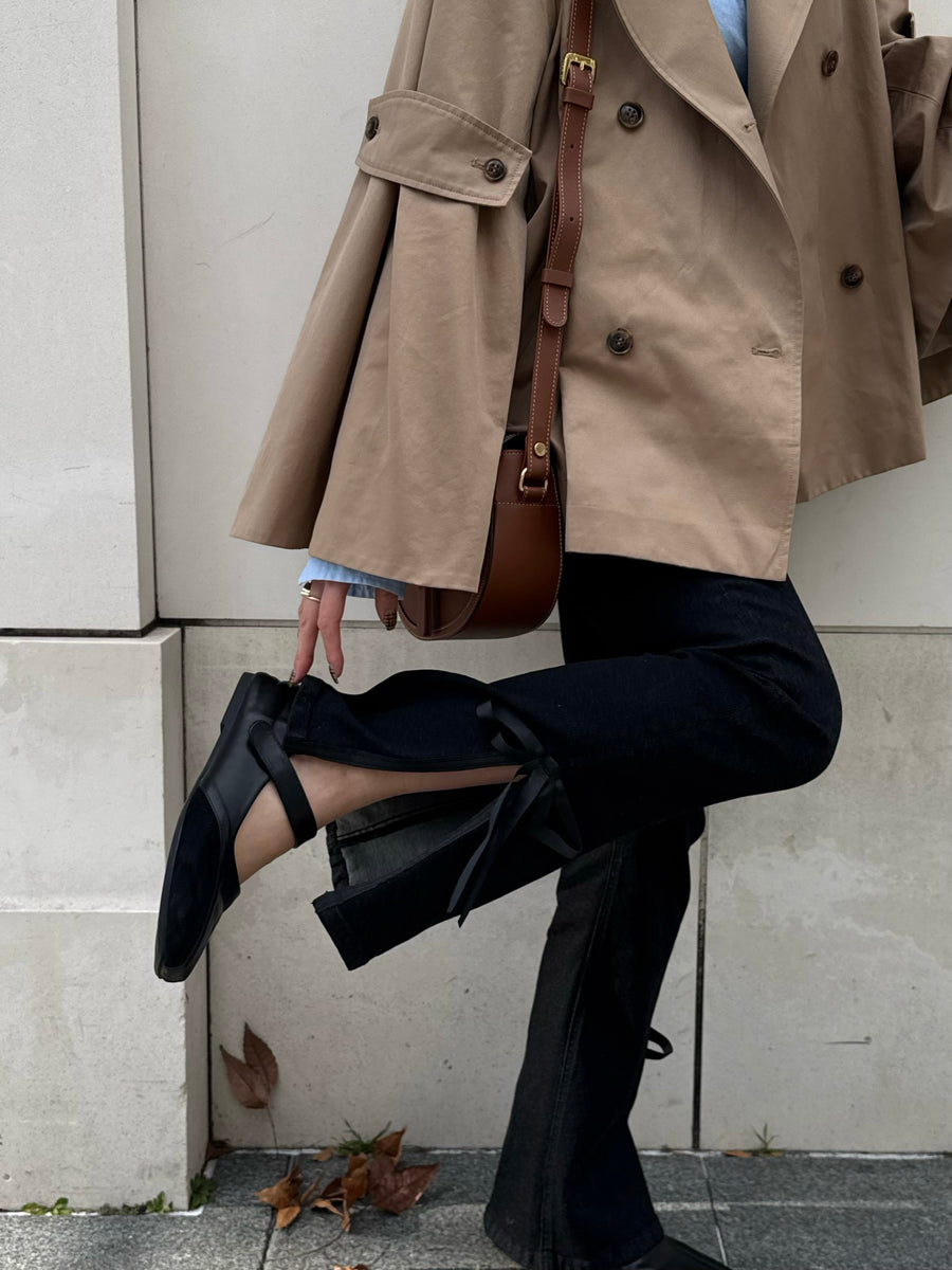 【BEST SELLER】side slit denim ribbon pants