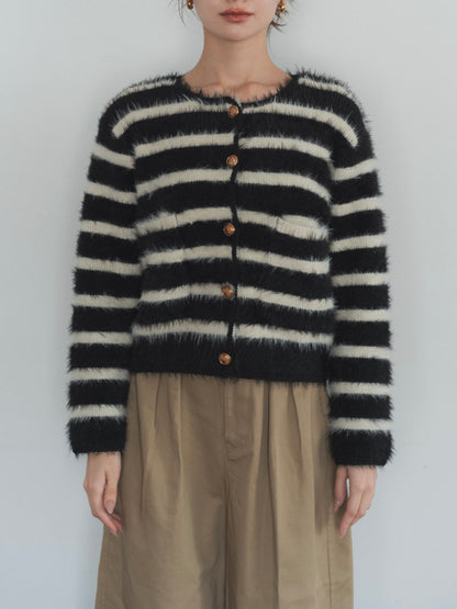 shaggy knit no collar jacket