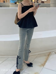 【BEST SELLER】side slit denim ribbon pants