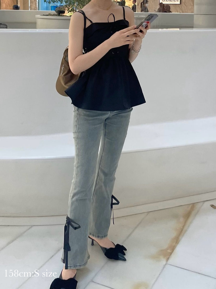 【BEST SELLER】side slit denim ribbon pants
