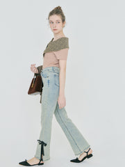 【BESTSELLER】side slit denim ribbon pants