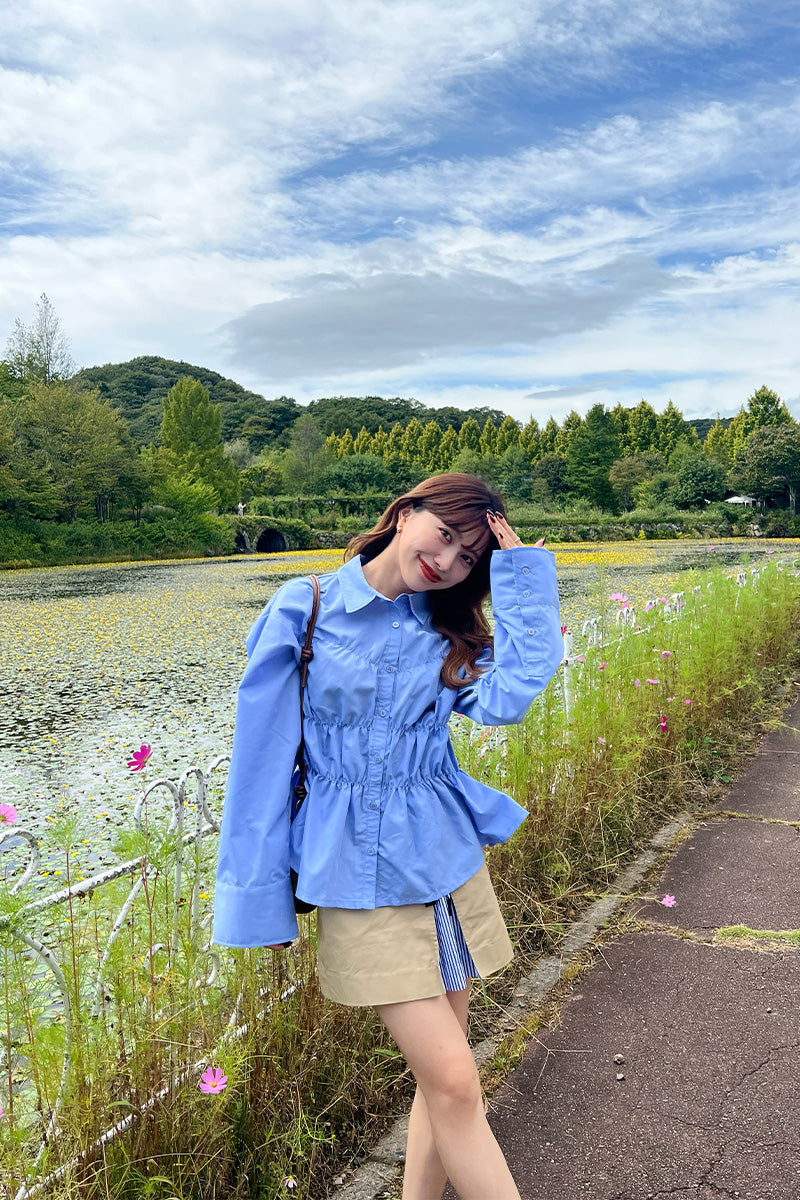 Shirring wide sleeve shirt