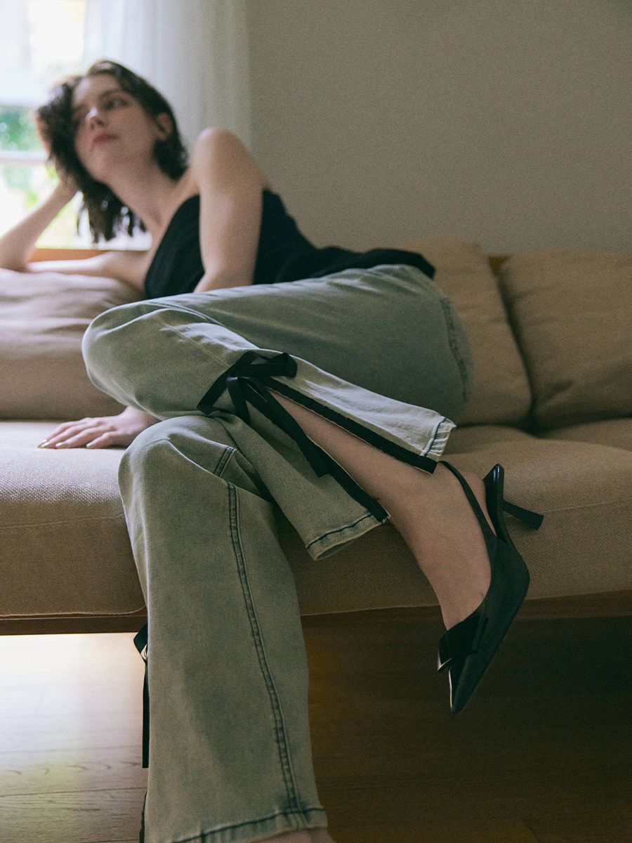 SOLD OUT】【予約販売】side slit denim ribbon pants – RANCLIC SOLD OUT】【予約販売】side slit denim ribbon pants – RANCLIC