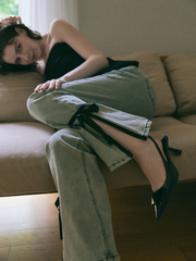 【予約販売】side slit denim ribbon pants