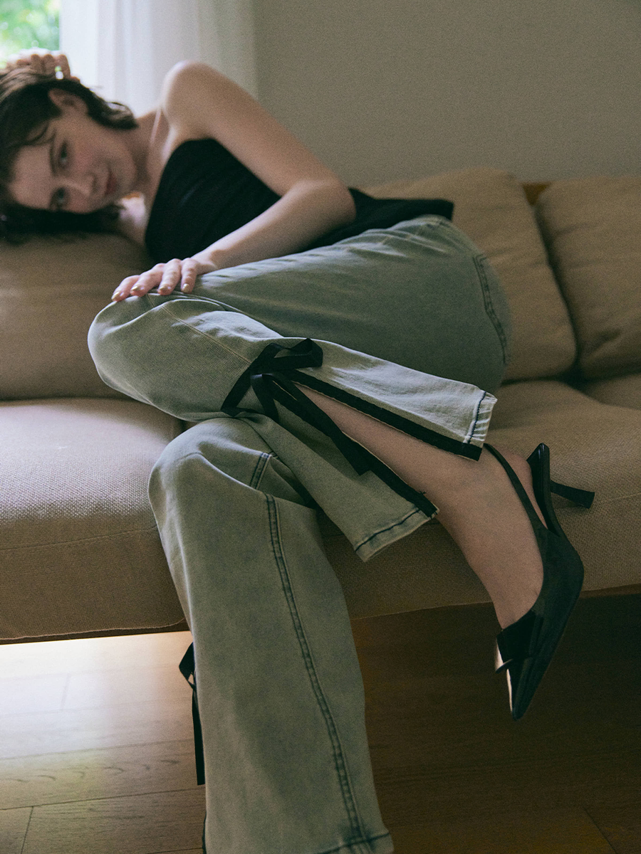 【予約販売】side slit denim ribbon pants