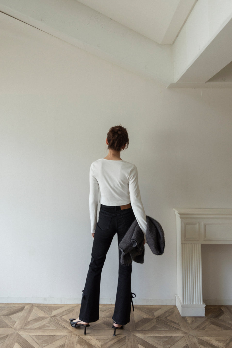 【BEST SELLER】side slit denim ribbon pants