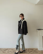 【BEST SELLER】side slit denim ribbon pants