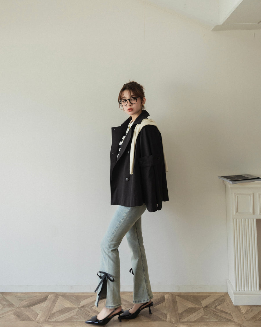 【BEST SELLER】side slit denim ribbon pants