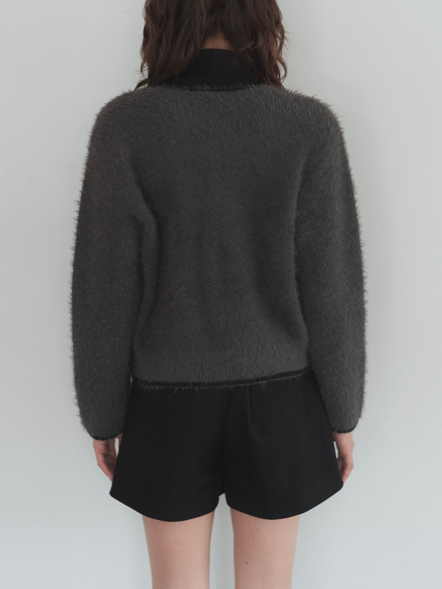 shaggy knit no collar jacket