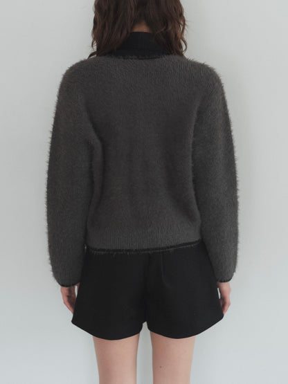 shaggy knit no collar jacket