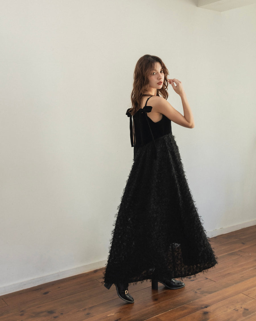 back ribbon fringe jacquard dress