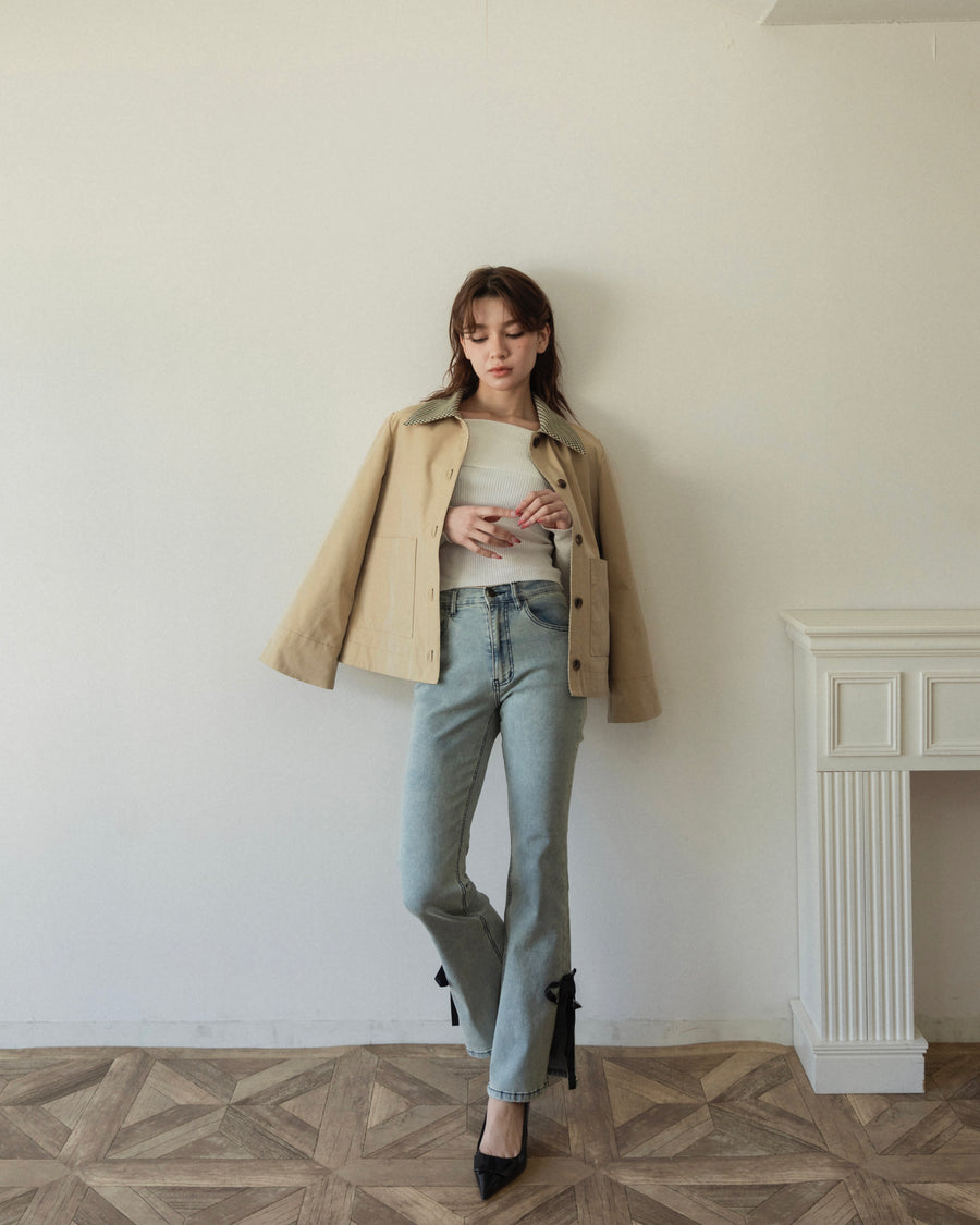 【BEST SELLER】side slit denim ribbon pants