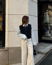 【SET】loop yarn knit gilet + shirring wide sleeve shirt